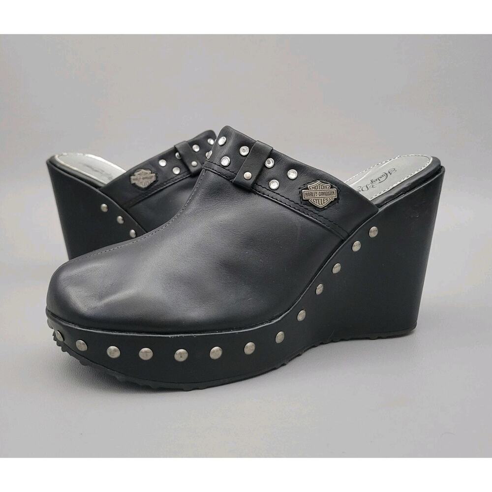 Harley Davidson Coral 4 Inch Studded Clogs Black Leather Wedges Womens 9.5